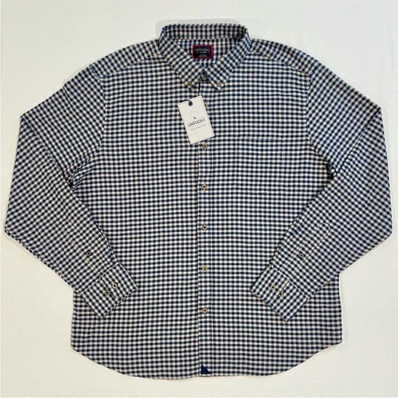 New UNTUCKit Cerasuolo Flannel Shirt Mens XL Navy Blue Khaki Checks Cotton Fall - Picture 1 of 5